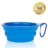 Nom Nom Puppy Collapsible, Eco-friendly, Portable Travel Pet Water Bowl (12 Oz) with Free Bonus Carabiner Belt Clip - Lightweight, Convenient, Travel Cup, Durable, Pop-up, Silicone Dog Bowl - Pet Safe - 100% Satisfaction Guaranteed (Blue)