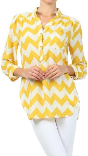 Cals Collection Women's Chevron Zig Zag Stripe 3/4 Sleeve Half Button Blouse-Small-Yellow