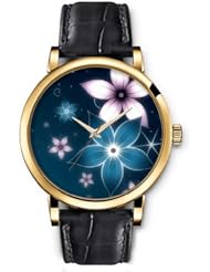 SPRAWL Aanalog Fashion Series Gold Ladies Watches of Genuine Black Leather Strap,Unique Wrist Watch for Women Girls Designed with Beautiful colorful flowers
