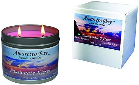 Scented Candles by Amaretto Bay - Passionate Kisses - 16 oz Soy Candle Travel Tin - 2 Wicks - 50 + Hrs Burn Time