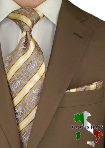 Berioni Hand Made in Italy 100% Woven Silk Mens Neck Tie + Pocket Square Jacquard Woven Tie and Hanky Set Brown Beige L5