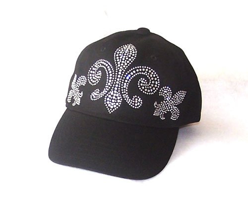 Three Huge Rhinestone Fleur De Lis saints Black Baseball Hat