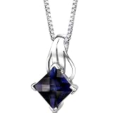 Sensational Glamour: Sterling Silver Rhodium Finish Princess Checkerboard Cut Blue Sapphire Pendant with 18 inch Silver Necklace