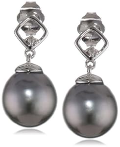 10k White Gold Black Tahitian Cultured Pearl with Diamond Accent Earrings (0.02 cttw, H-I Color, I2-I3 Clarity)