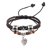 Snowman Lee Metal Hollow Out Leaves Beaded Unisex Leather Wrap Bracelet
