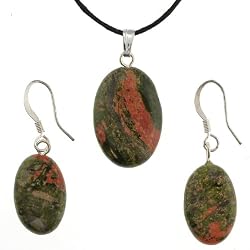 Unakite Oval Shaped Pendant and Earrings Set - Pendant - 15x22mm, Earrings - 12x18mm - Adjustable Cord Necklace