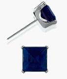 Created 5mm Square Princess Cut Sapphire 14 Karat White Gold Stud Earrings