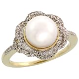 14k Gold Flower Pearl Ring, w  0.35 Carat Baguette and Brilliant Cut Diamonds, and 8.0mm White...