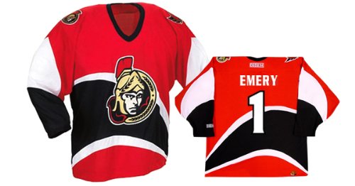 Buy EMERY #1 Ottawa Senators CCM 550 Series Replica NHL Hockey Jersey (NHLPA Certified Custom Sewn...