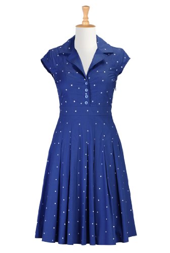 eShakti Women's Dotted retro poplin shirtdress S-4 Regular Royal blue/white