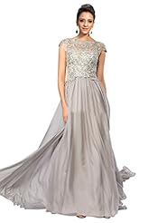  Sequined Beaded Lace Short Sleeves Floor Length Chiffon Bateau Neck Evening Dress/Mother-of-the-Bride Dress/Prom Dress/Party Dress  With Ruffles