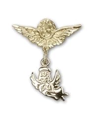 14kt Gold Baby Badge with Guardian Angel Charm and Angel w/Wings Badge Pin