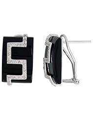14k White Gold Rectangular Onyx French Clip Earrings, w/ 0.28 Carat Brilliant Cut Diamonds, 11/16" (17mm) tall