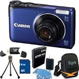 Canon Powershot A2200 14.1 MP Digital Camera with 4x Optical Zoom (Blue)Premiere Bundle Includes 8 GB Memory Card, Card Reader, Battery, Carrying Case, Mini Tripod, & More.