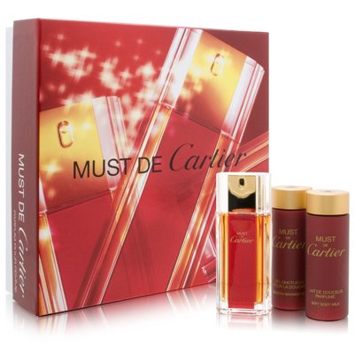 Must de Cartier by Cartier for Women 3 Piece Set Includes: 1.0 oz Parfum Classic Spray + 1.6 oz Soft Body Milk + 1.6 oz Smooth Shower Gel