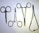 4pc FISHERMANS TOOL SET = 2 HEMOSTATS one w/scissors + FLY or KNOT CLAMP & a pair of SCISSORS