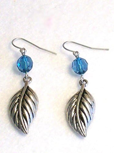Graceful Silver Feather with Blue Crystal Bead Drop Dangle Earring in Gift Box