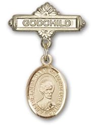 14K Gold Baby Badge with St. Louis Marie de Montfort Charm and Godchild Badge Pin