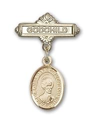 Gold Filled Baby Badge with St. Louis Marie de Montfort Charm and Godchild Badge Pin