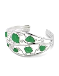 Genuine Green Drops of Jade Wide Cuff Bracelet in Sterling Silver