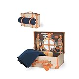 Picnic Time Discovery Vintage Suitcase Style Picnic Case w Service For 2 (Natural Canvas)
