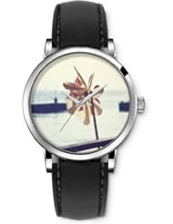 SPRAWL Aanalog Fashion Series Silver Ladies Watches of Genuine Black Leather Strap,Unique Wrist Watch for Women Girls Designed with Beautiful scenery at the seaside