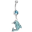 Aqua Gem Paved Dolphin Dangle Belly Ring