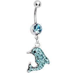 Aqua Gem Paved Dolphin Dangle Belly Ring