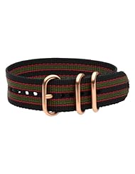 22mm Premium 3-ring Urban Striped Black / Green / Red - With Rose Gold Buckles- Military Style Nylon Watch Strap - Fits All Watches!!!