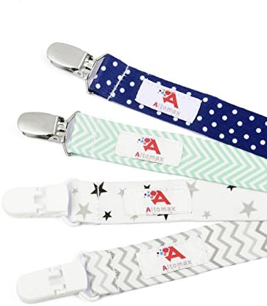 Baby Pacifier Clip Holder 4 Pack by Altomax - Unisex Plastic and Metal High Quality Safe Stylish Design Boys Girls and Easy to Use + Free Bonus eBook Baby Care 101!!