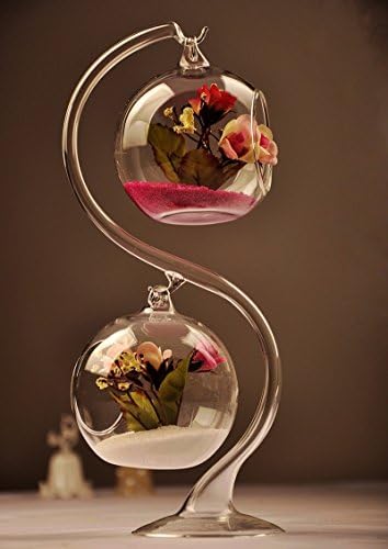 Air Plant Terrarium Double Hanging Globes with Stand ~ Terrarium Kit ~ Hanging Glass Flower Planter Vases for Home Decoration (Plus Sand and Flowers)