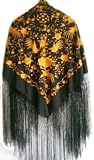 Silk Embroidery Piano Shawl: Black with Golden Yellow Floral & Birds 63