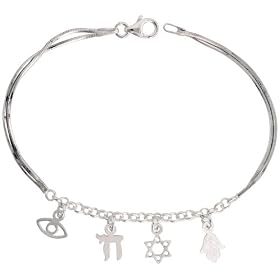 Sterling Silver Charm Bracelet w/ Jewish Symbols, 1/2″ (12mm) wide, 7 1/4 inches long