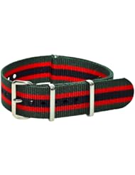 20mm Classic SS Nylon Striped Green / Red / Black - Easily Interchangeable Replacement Military Watch Band / Strap - Fits All Watches!!!