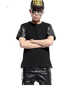 ピゾフ (Pizoff) メンズ Tシャツ　半袖　ブラック　無地　袖PUレザー切替 ストリート系 ファッション 原宿系 ヒップホップスタイル 快適 カジュアル Y0425---S