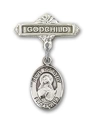 Sterling Silver Baby Badge with St. Dorothy Charm and Godchild Badge Pin. Catholic Saint Dorothy, Patron Saint of Brides, Florists, Gardeners