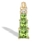 14K Yellow Gold Genuine Square Peridot and Diamond 3-Stone Pendant