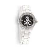 Bling Jewelry Stainless Steel CZ White Enamel Black Skull Watch