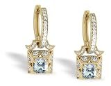 14K Yellow Gold Genuine Square Aquamarine and Diamond Lever Back Earrings