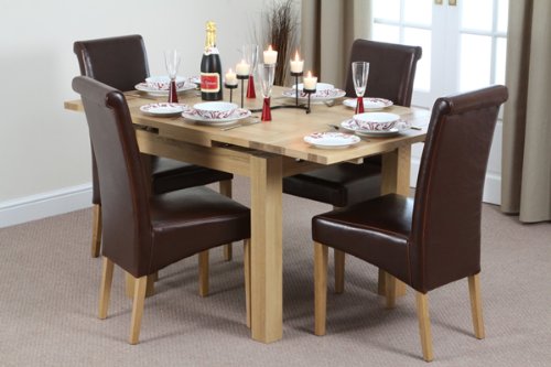 3ft x 3ft Solid Oak Extending Dining Set with 4 Brown Leather Chairs (Seats Up To 6 People Extended)