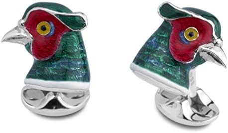 Sterling Silver Pheasant Designer Cufflinks, Red, Blue and Green