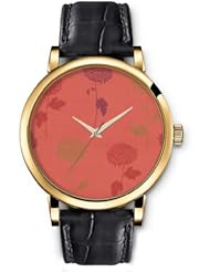SPRAWL Aanalog Fashion Series Gold Ladies Watches of Genuine Black Leather Strap,Unique Wrist Watch for Women Girls Designed with Chrysanthemum flowers on red background
