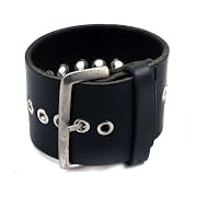 Steel Grommet Black Leather Rocker Men's Cuff