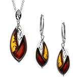 Baltic Honey and Cherry Amber Sterling Silver Leaf Set Leverback Earrings Pendant Rolo Chain 18" 46cm