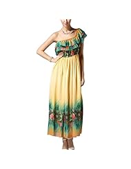 Floral Print Elasticized   Waistline Scoop Neck Chiffon Off the Shoulder One Shoulder Maxi Dress 