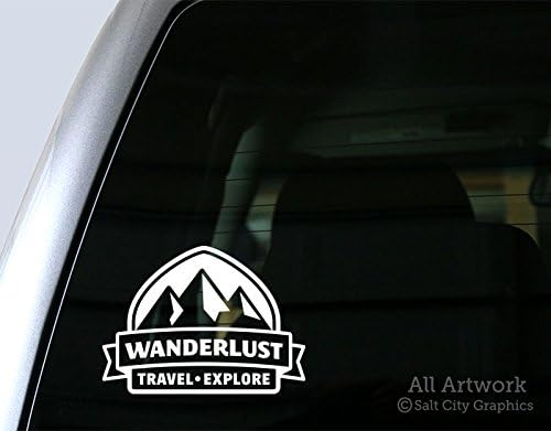 Wanderlust: Travel, Explore Decal - Car Window Decal (5 inches wide, White)