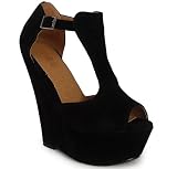 NEW WOMENS LADIES BLACK FAUX SUEDE PLATFORM PEEPTOE BUCKLE HIGH WEDGE SHOES SIZES 3-8