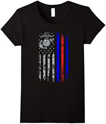 Women's Marine America Flag Blue Red line - Cool Marine T shirt Medium Black
