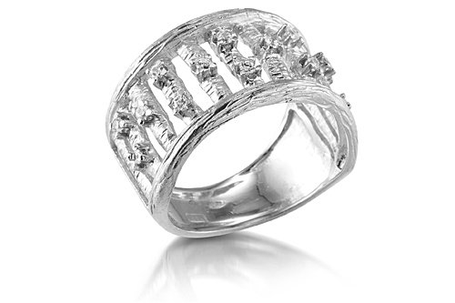 14K White Gold Matte-Finish Hand-Crafted Designer Ring, Enhanced with Prong-Set Diamonds.