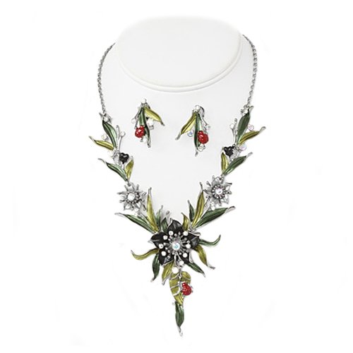 Black and Silver Flower Hand Painted Necklace Earrings Set Fashion Jewelry